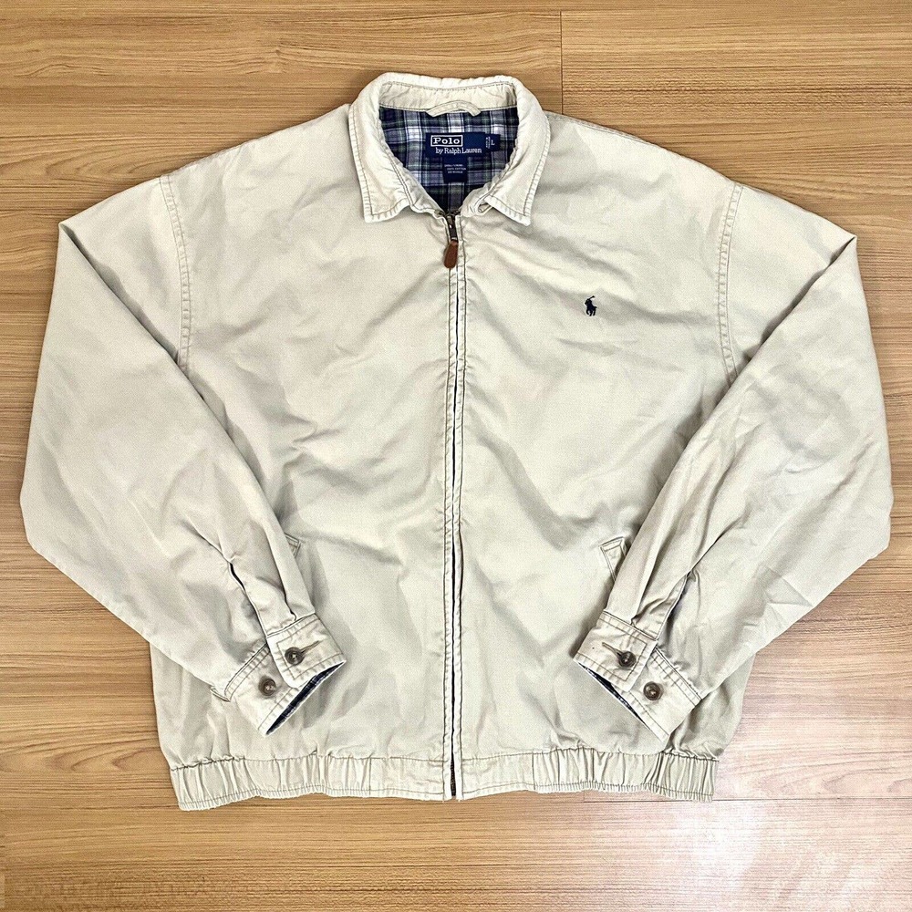 Polo Ralph Lauren Jacket Full Zip Logo Windbreaker Size Large Beige Distressed